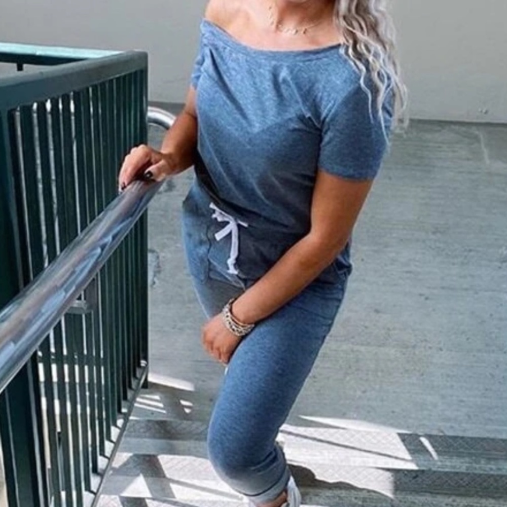 One Shoulder Short Sleeve Pocket Jumpsuit - Picture 2 of 4